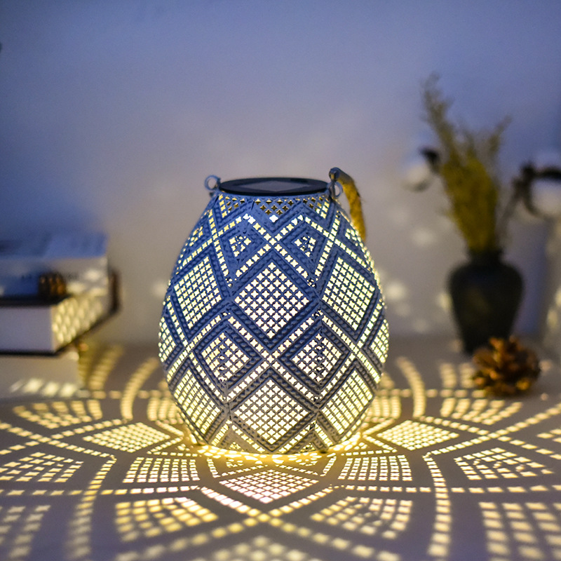 Cross-border creative solar ironwork hollowed-out hemp rope projection lamp, outdoor garden and courtyard landscape decorative lamp, hanging lamp full figure