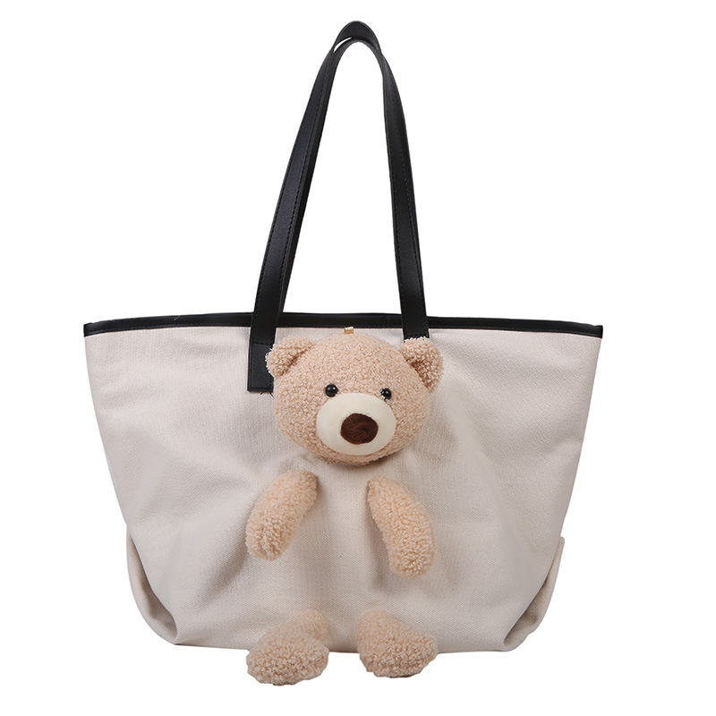 2025 New student after-school canvas bag, a simple and stylish backpack for a pretty girl on the street, an artistic and fashionable bear doll single-shoulder bag Item Picture