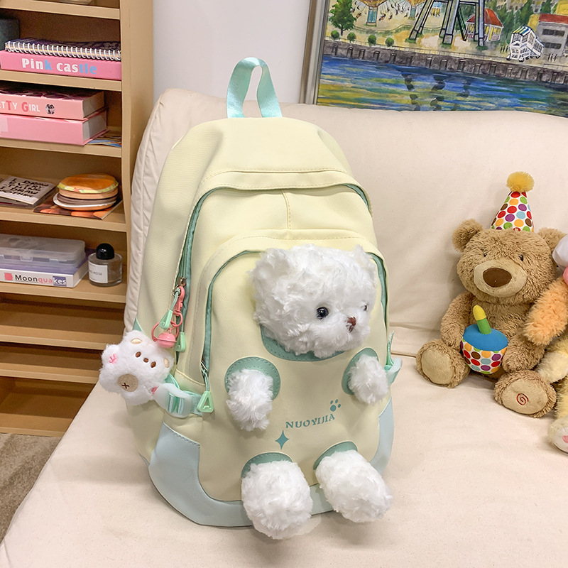 Schoolbag, bear doll, backpack, versatile for girls, high appearance level for primary school students, large-capacity schoolbag for junior high school students details Picture