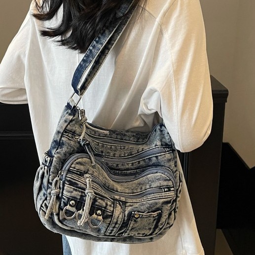 2025 Summer New crossbody bag, mom's single-shoulder bag, washable denim women's bag, large capacity and versatile women's bag Specification drawing