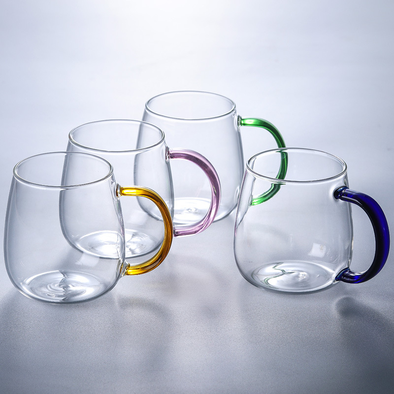 Colored handle glass large-bellied cup, transparent high borosilicate glass milk tea beverage drinking cup, household single-layer cup full figure