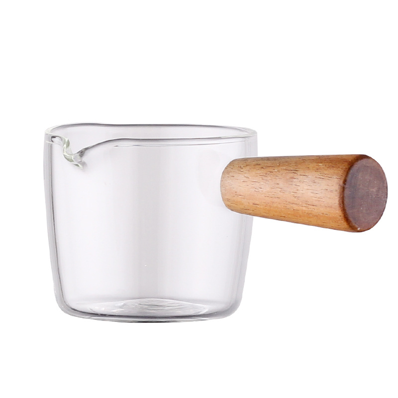 High borosilicate glass milk, mini wooden handle, small milk cup, espresso measuring cup, latte dip, milk pot, milk jar Item Picture