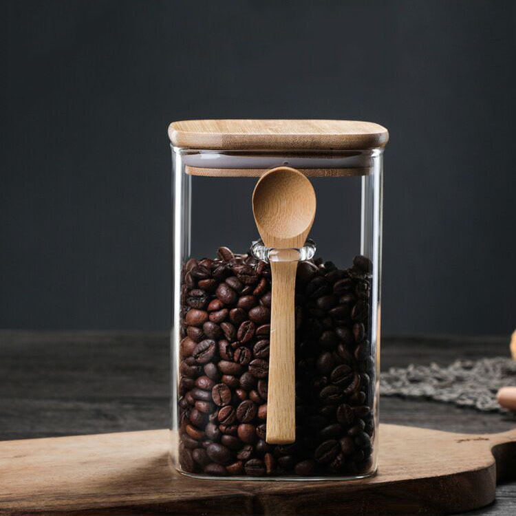 Square high borosilicate glass sealed storage tank with wooden spoon, seasoning box, coffee bean storage tank and kitchenware box details Picture