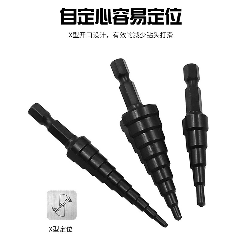 High-speed steel tower drilling hole opener 3-12 4-12 4-20 hexagonal handle nitrided black straight groove step drill set Application Scenario