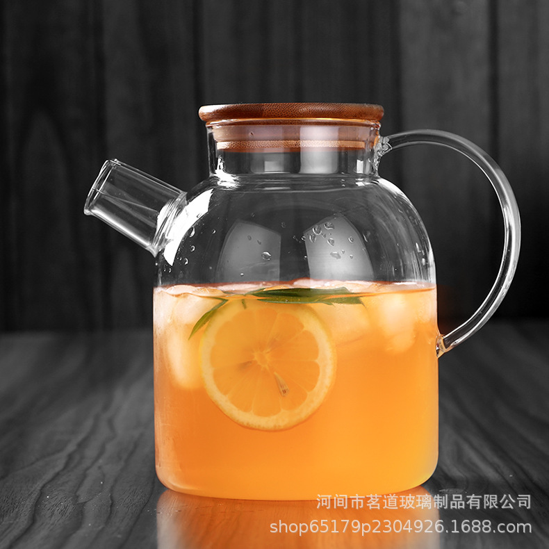 Large-capacity high borosilicate glass cold water bottle, household and dining room glass cold water bottle, wooden lid with handle, juice bottle details Picture