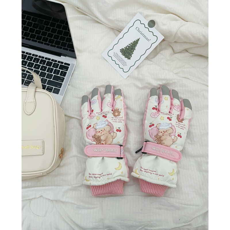 Touch screen ski gloves for women, cute bear gloves, winter outdoor sports cycling, anti-slip, thickened and warm Specification drawing