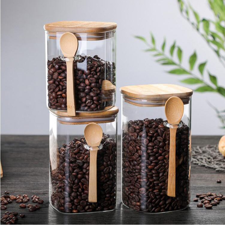Square high borosilicate glass sealed storage tank with wooden spoon, seasoning box, coffee bean storage tank and kitchenware box Specification drawing
