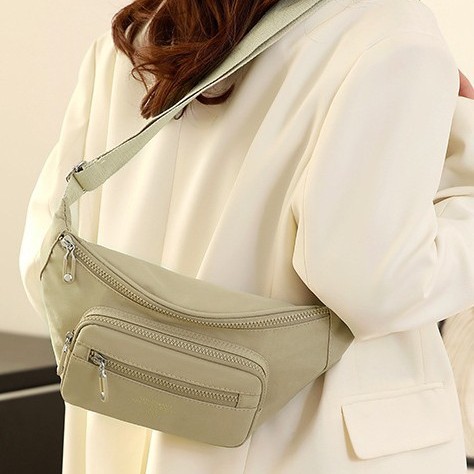 New cross-border fashion double zipper waist bag, spring women's solid color casual chest bag, outdoor sports crossbody mobile phone bag full figure