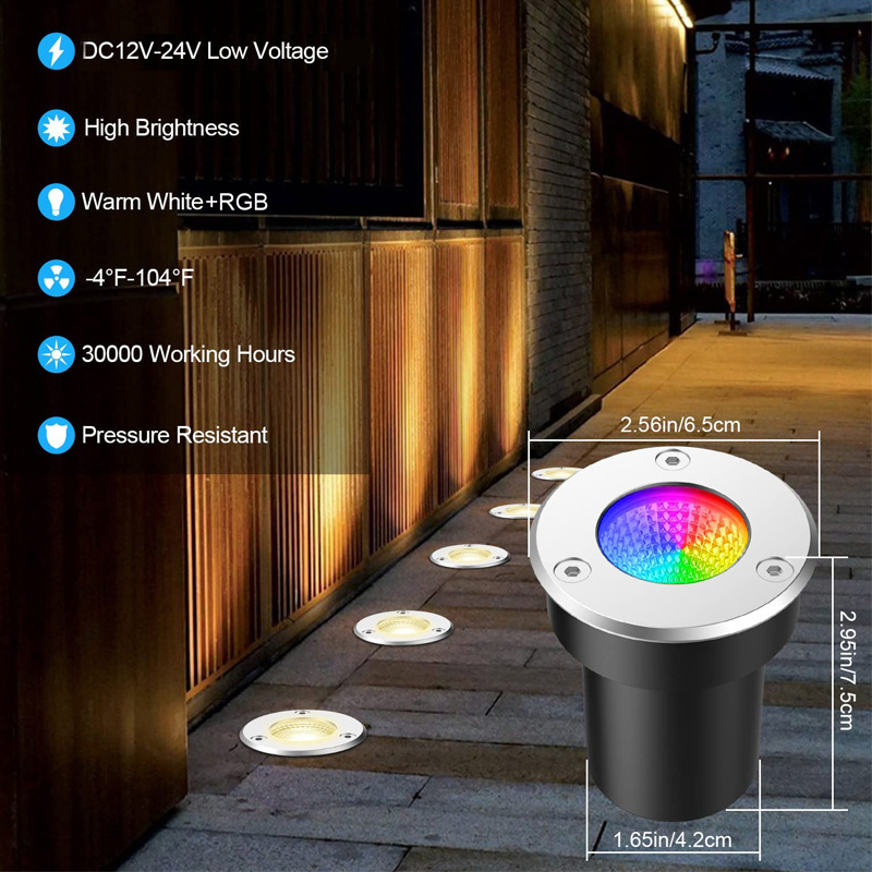 Cross-border low-voltage 12V outdoor RGBW floor light, courtyard landscape buried light, RF remote control garden ground deck well light Specification drawing
