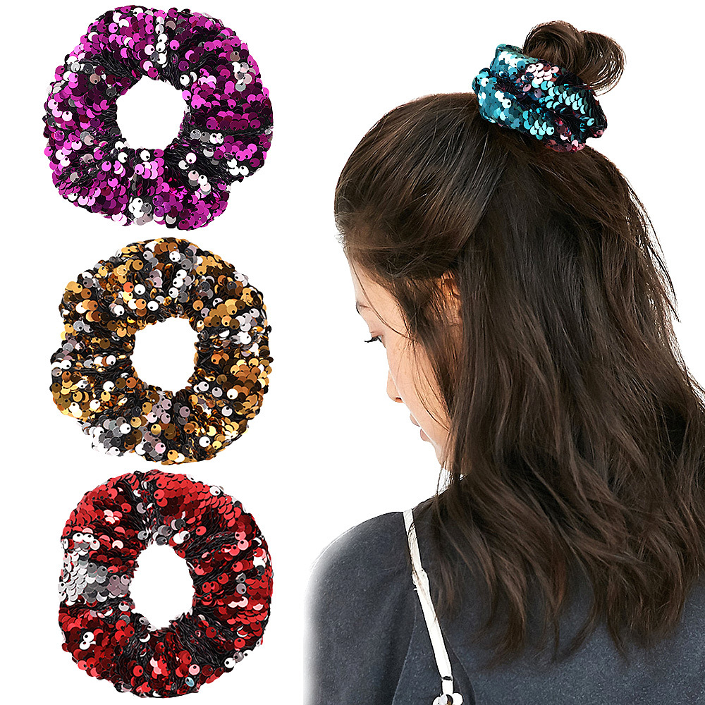 Qiyue Cross-border's new dual-color mermaid flip large Intestine ring, fish scale large sequined large intestine hair ring and hair accessory B169-A full figure
