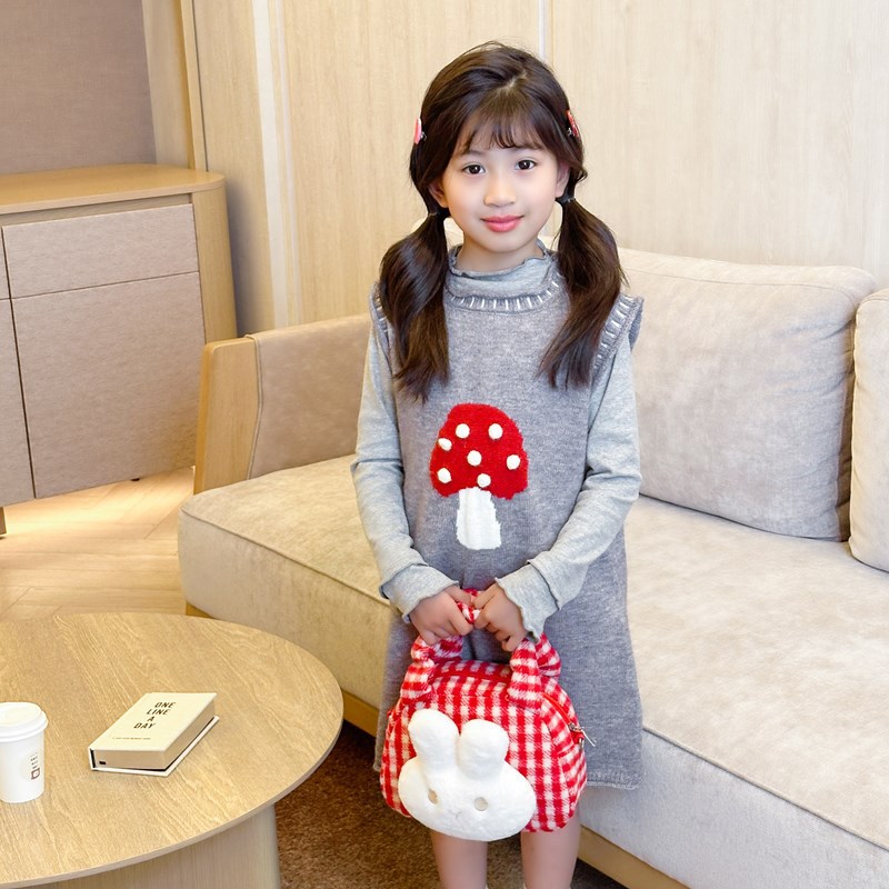 Cross-border winter children's bag, girl's woolen checkered red cute rabbit baby single-shoulder crossbody bag, loose change bag details Picture