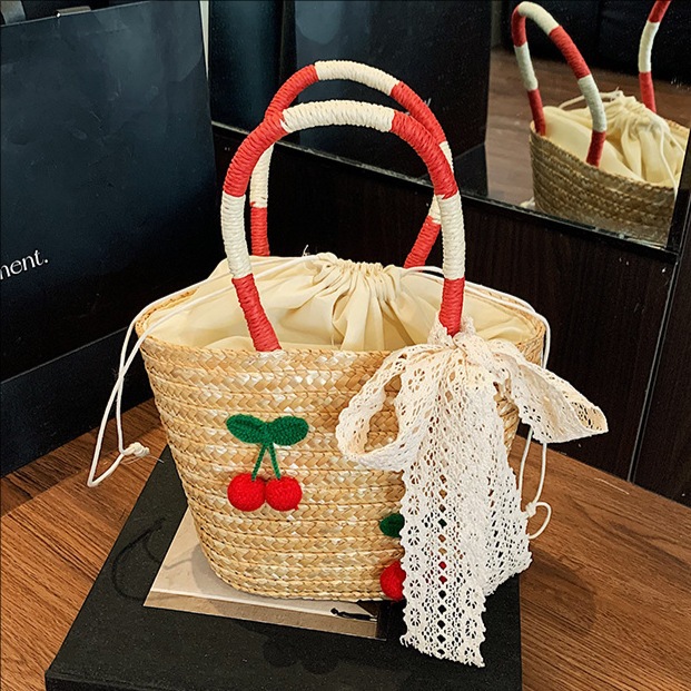 2025 New summer hand-woven beach vacation bag for women, fashionable lace bow, large capacity handbag full figure