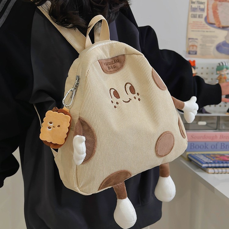 Cute and simple cheese anti-theft backpack for women in autumn and winter, high-end texture corduroy bag schoolbag, high-end feel, soft bag full figure