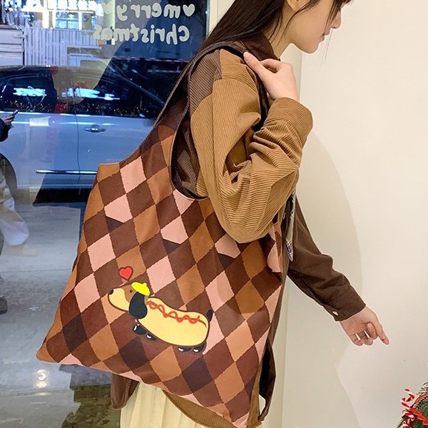 Fashionable single-shoulder bucket bag for women, French high appearance level, cute puppy print bag, large capacity casual fabric bag, underarm bag Specification drawing