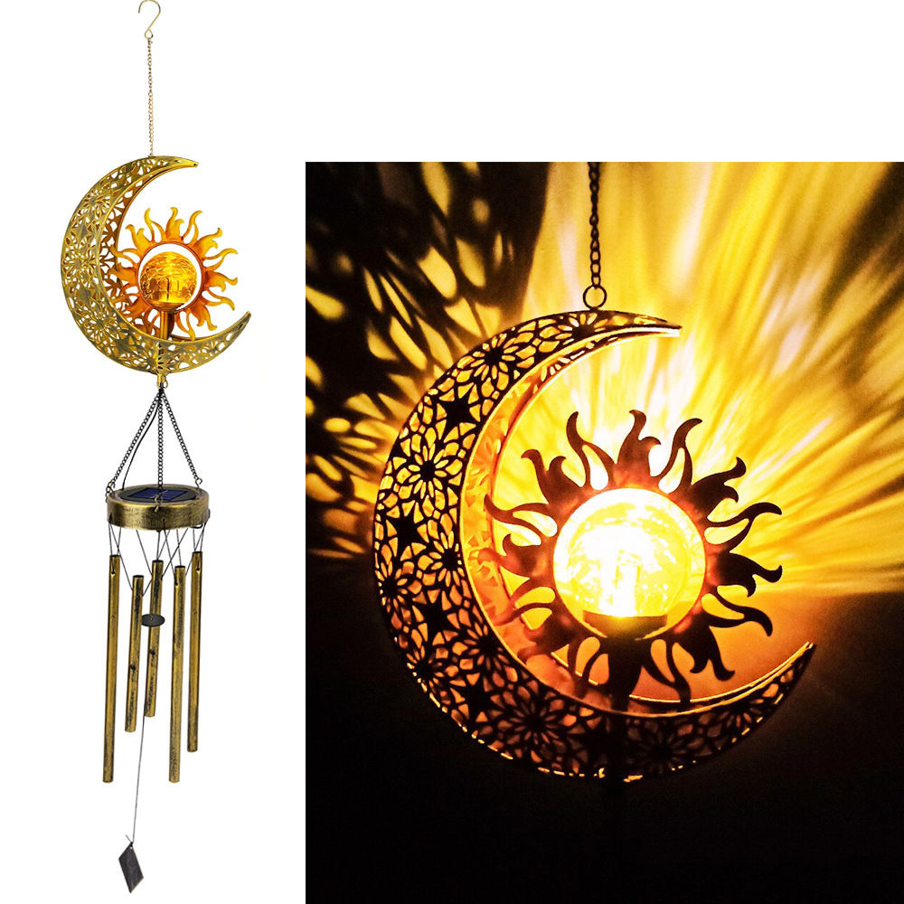 New solar garden lamp, ironwork hollowed-out sun and moon wind chime pendant, LED outdoor garden landscape decoration Application Scenario