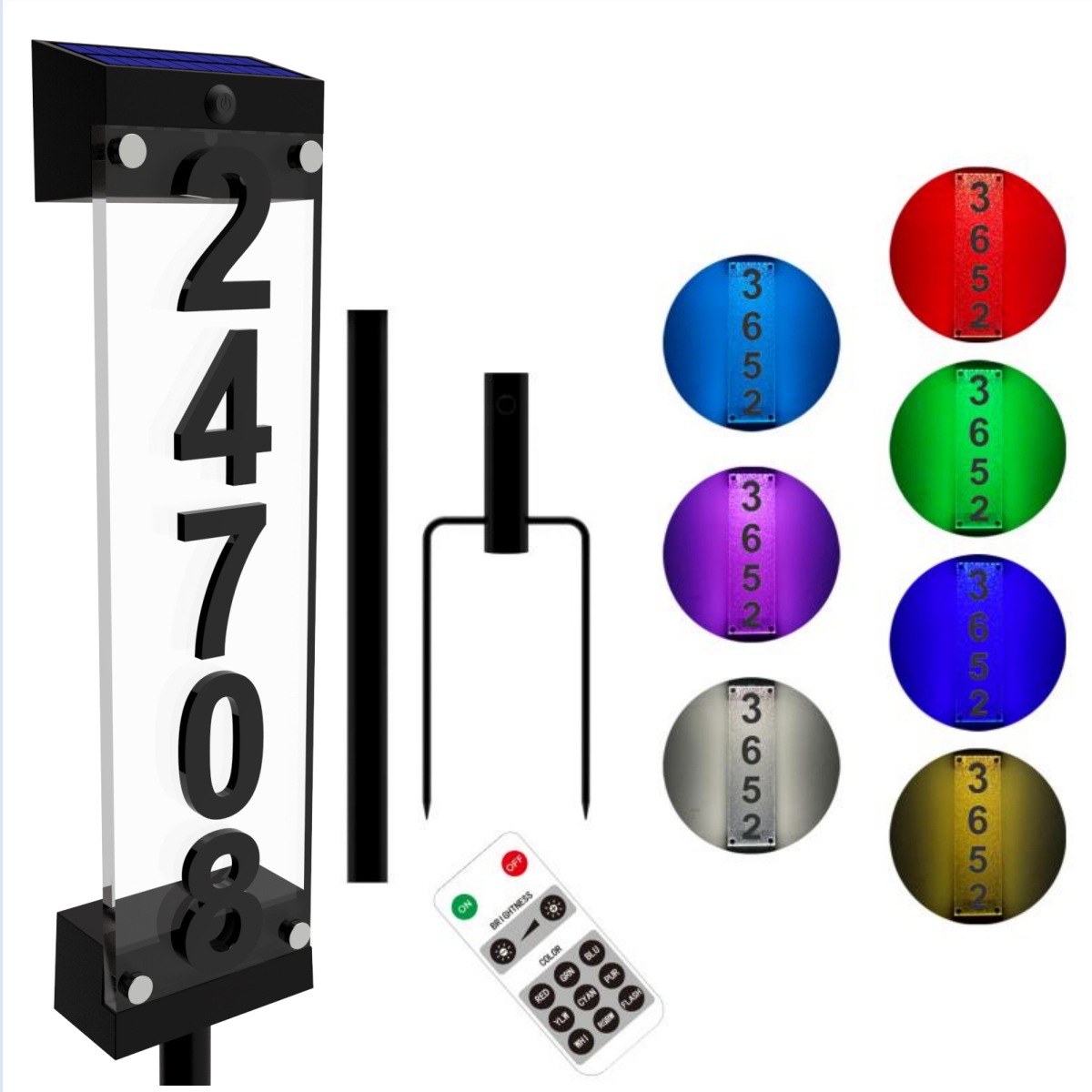 Solar-powered doorplate lights, outdoor seven-color floor wall lamps, digital number plates, LED light-controlled waterproof villa decorative lights full figure