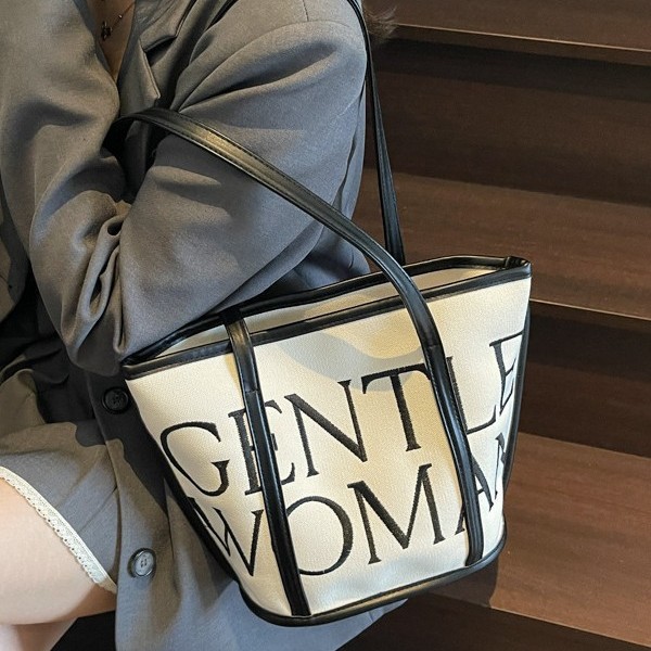 Large-capacity linen single-shoulder bag, tote bag, fashionable embroidered thread letter eye-catching, versatile bucket bag, women's shopping bag for going out details Picture