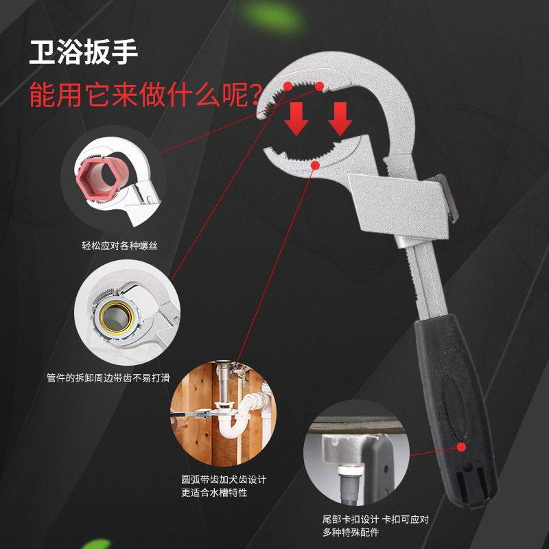 Open pipe wrench, bathroom arc sink wrench, sewer pipe disassembly and assembly wrench, new type of aluminum alloy tool Application Scenario