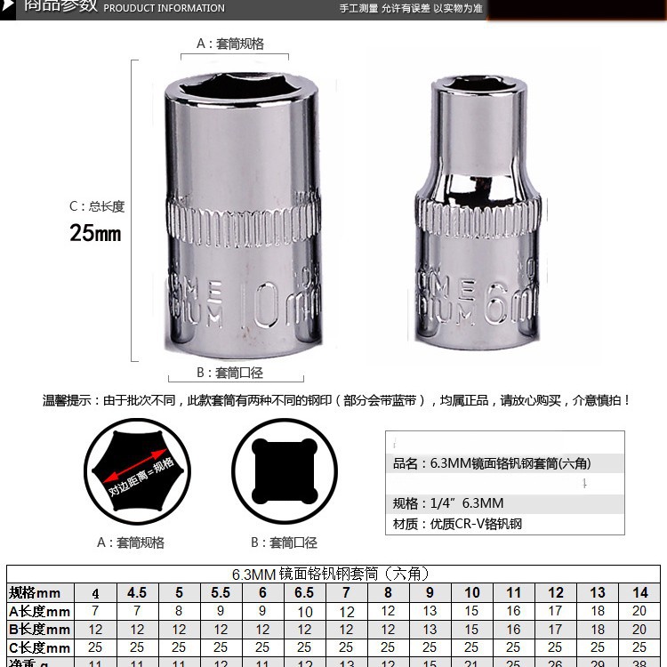 Hexagon socket head socket wrench tool 8/10 socket head 6.3mm small 1/4 short socket details Picture