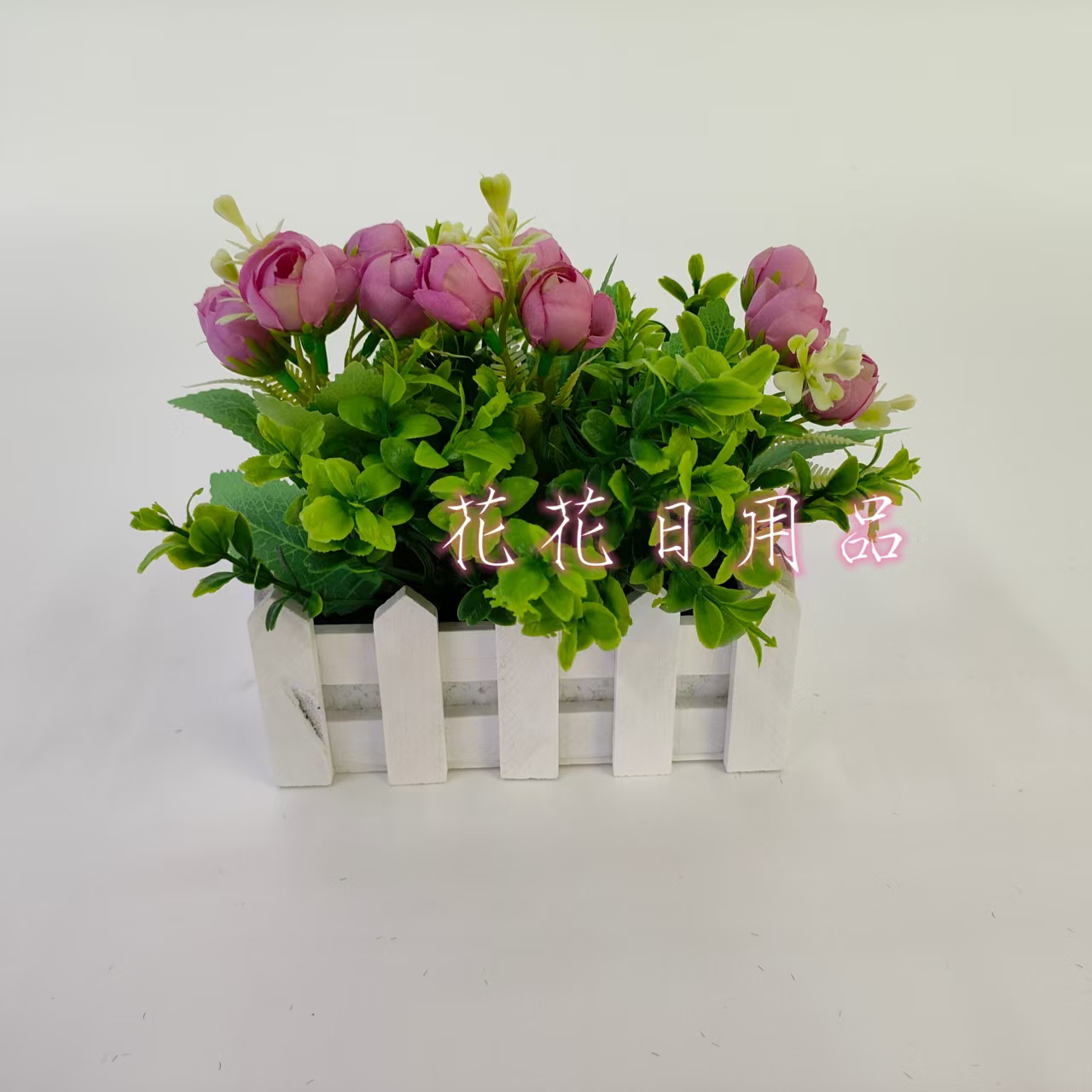 Artificial flowers, artificial flower bonsai, wooden fence POTS, flower buds, decorative items details Picture