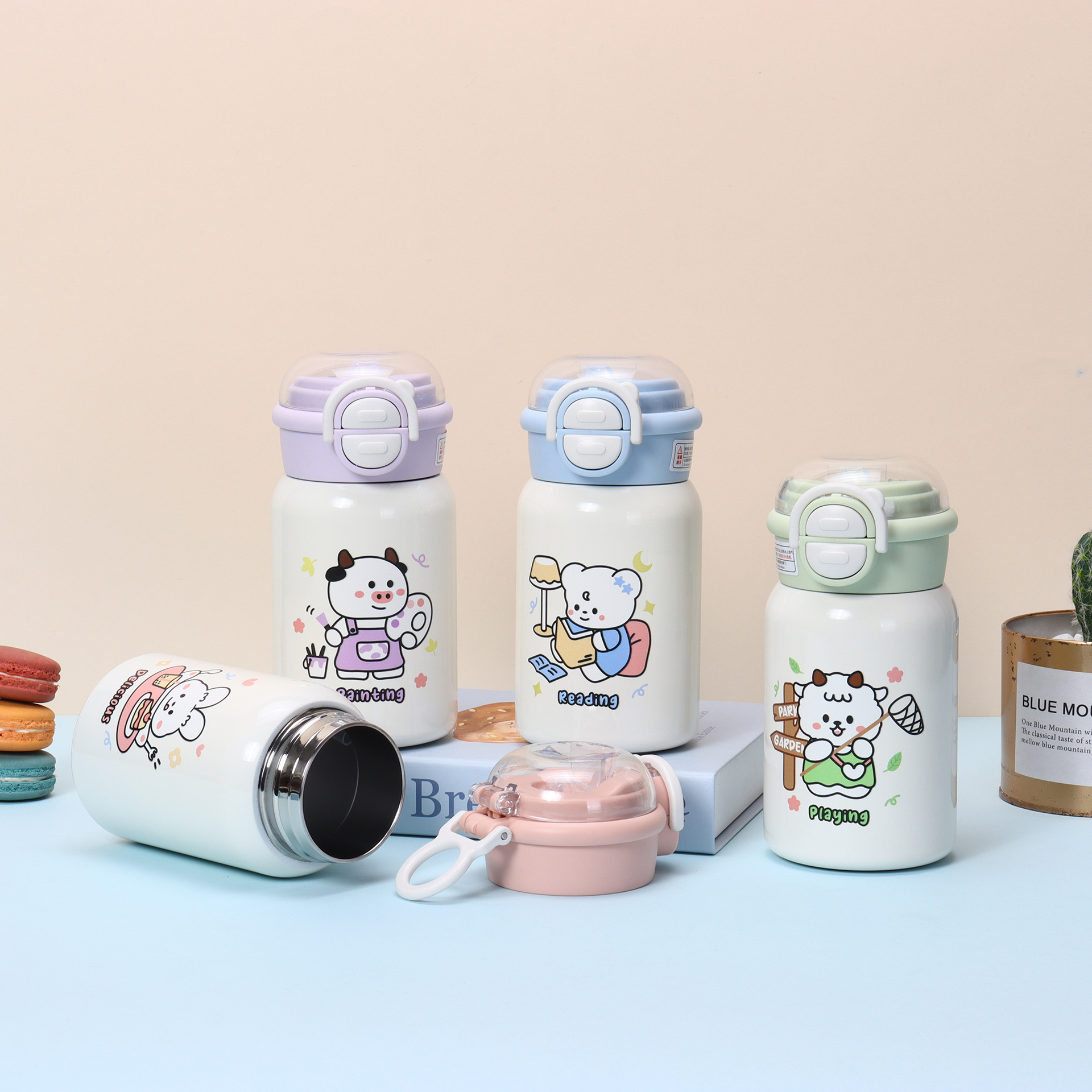 Children's double-drinking cup, stainless steel insulated cup, cute, portable and bouncy water cup for students, high appearance level cartoon cup details Picture