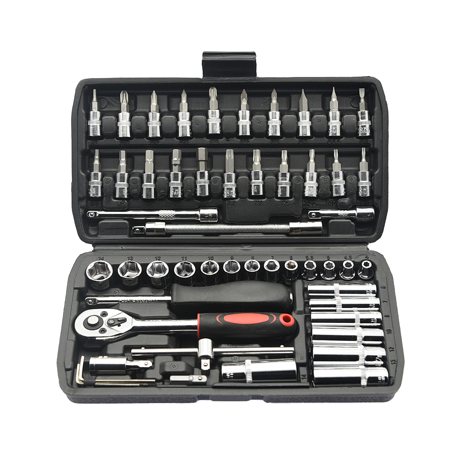 46-piece set of socket combination 1/4 ratchet wrench screw head 4 to 14 socket slide rod square joint universal joint undefined