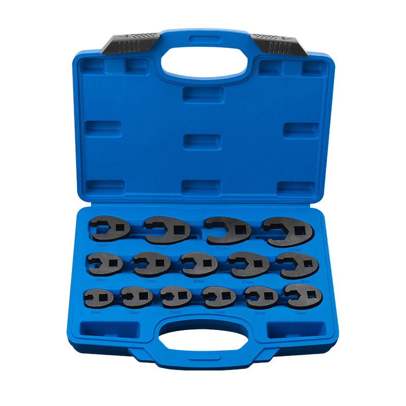 A 15-piece set of multi-functional oil pipe wrenches with open wrench heads and U-shaped joints, specifically designed for narrow Spaces ranging from 8 to 24mm Item Picture
