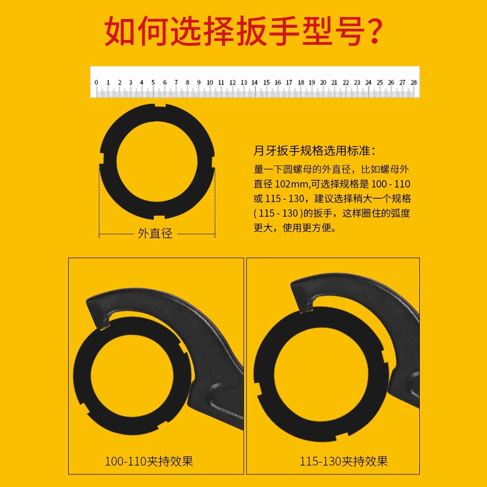 Crescent wrench water meter cover special hook head round nut hook type shock-absorbing adjustment water meter disassembly tool hook wrench semi-circular Specification drawing