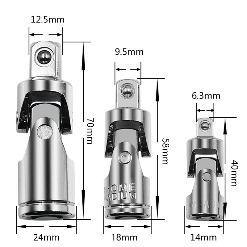 There are three specifications of socket joints, namely 1/4, 3/8 and 1/2, for turning socket wrench joints details Picture