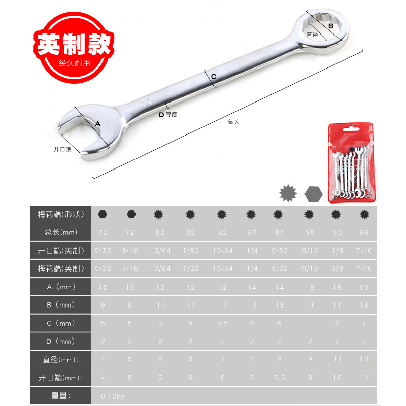 10-piece set of metric and imperial mini open-end dual-purpose wrenches, star-shaped open-end dual-purpose wrenches, tools 4-11mm Specification drawing