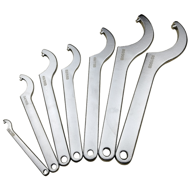 Round head chrome-vanadium steel chrome-plated crescent wrench, shock-absorbing spring round nut water meter cover wrench, hook type C-shaped wrench Item Picture