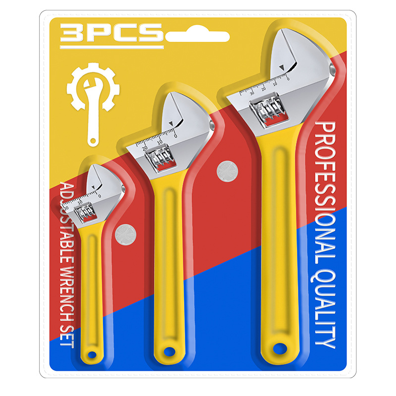 Genuine plastic-coated handle adjustable wrench three-piece set, complete set of high-end double-bubble wrench combination, 8-inch adjustable wrench set Item Picture