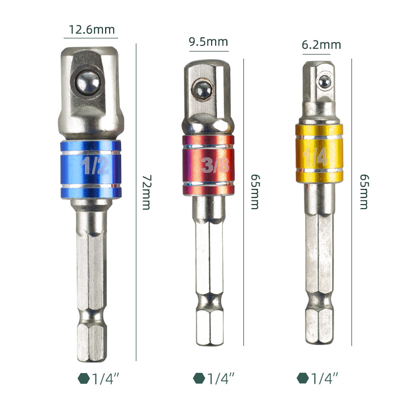 Yunbei 3PC silver-black color rod steel ball joint rod Square to hexagonal Joint 1/4 3/8 1/2 Black silver-black color rod set Specification drawing