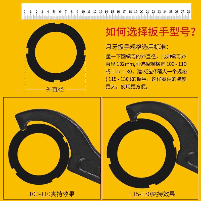 Crescent wrench water meter cover special hook head round nut hook-shaped shock-absorbing adjustment water meter disassembly tool hook wrench half heart Xia Specification drawing