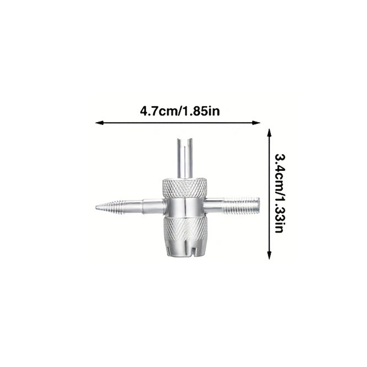 Four-in-one hardware tools: Car tire valve stem repair tools, valve core, screwdriver, wrench Specification drawing