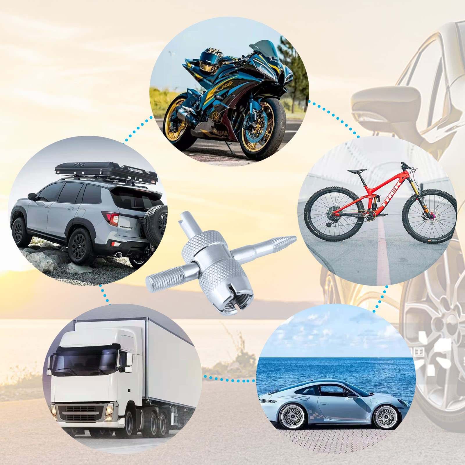 Four-in-one hardware tools: Car tire valve stem repair tools, valve core, screwdriver, wrench Application Scenario