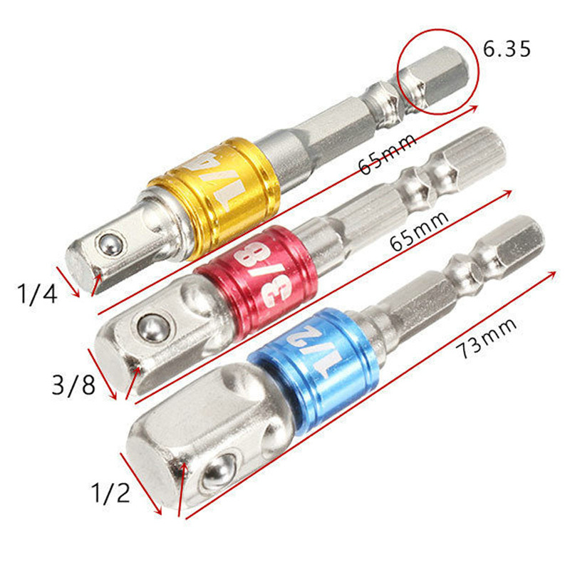 Yunbei 3pcs colored connecting rod AD with Bead hexagonal handle connecting rod 1/2 1/4 3/8 electric drill sleeve connecting rod Specification drawing