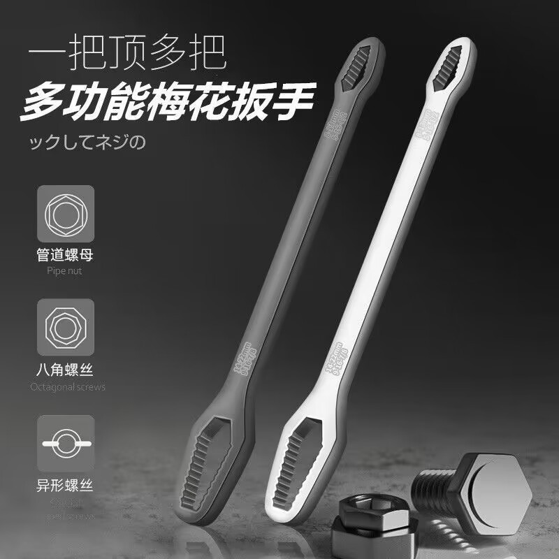 Factory wholesale universal box wrenches, double-ended self-tightening adjustable spectacle wrenches 8-24mm with multiple functions at both ends Specification drawing