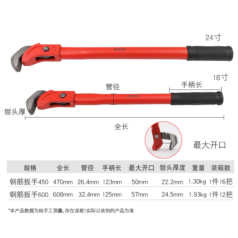 Dichuang brand steel bar wrenches, quick pipe wrenches, heavy-duty pipe wrenches, construction pipe wrenches, multi-functional wrenches, plumbing tools Specification drawing