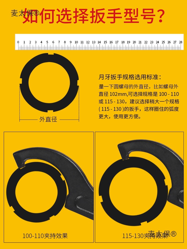 Crescent wrench, special hook head round nut for water meter cover, hook type shock-absorbing adjustment, water meter disassembly tool, hook wrench, Mai Taibao Specification drawing