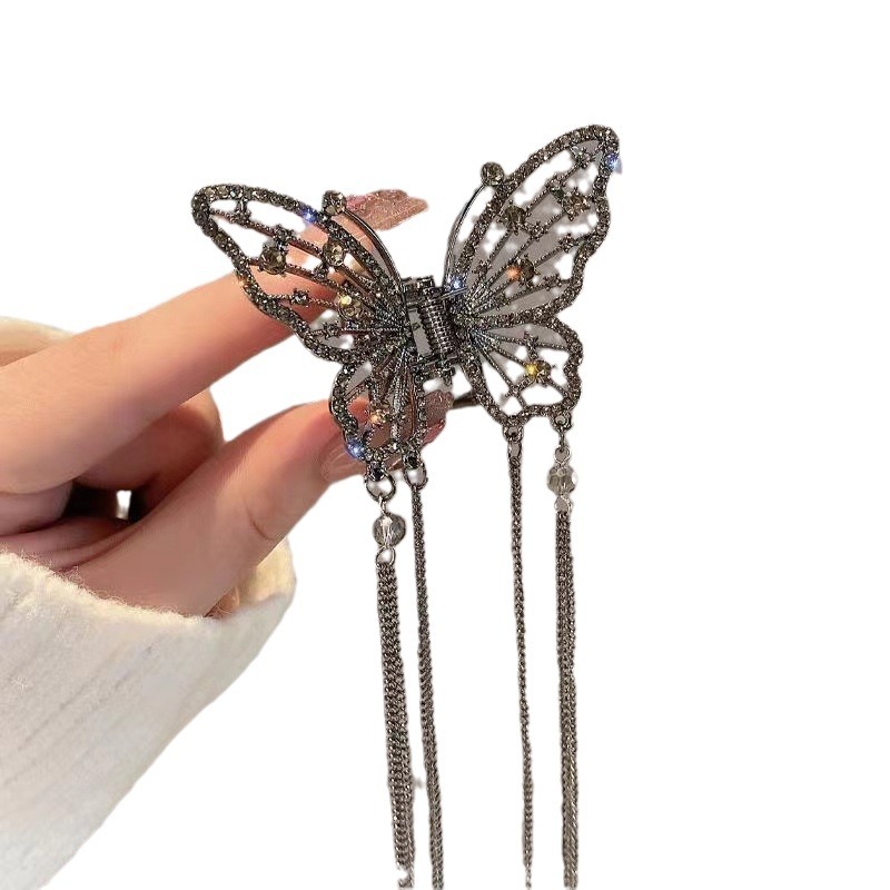 The elegant, diamond-shaped, butterfly-shaped long tassel hair clip, the half-tied ponytail hair clip at the back of the female head, and the high-end shark clip Item Picture