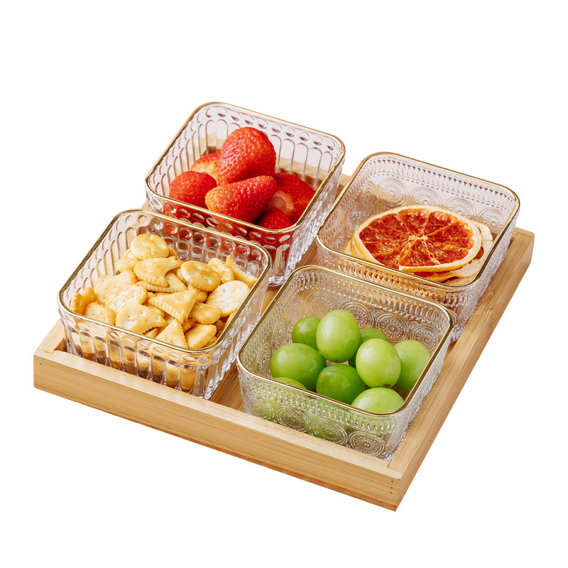 A glass compartments fruit plate for roasting tea around a stove, a modern living room snack plate, a home snack, candy, dried fruit and dim sum platter Item Picture