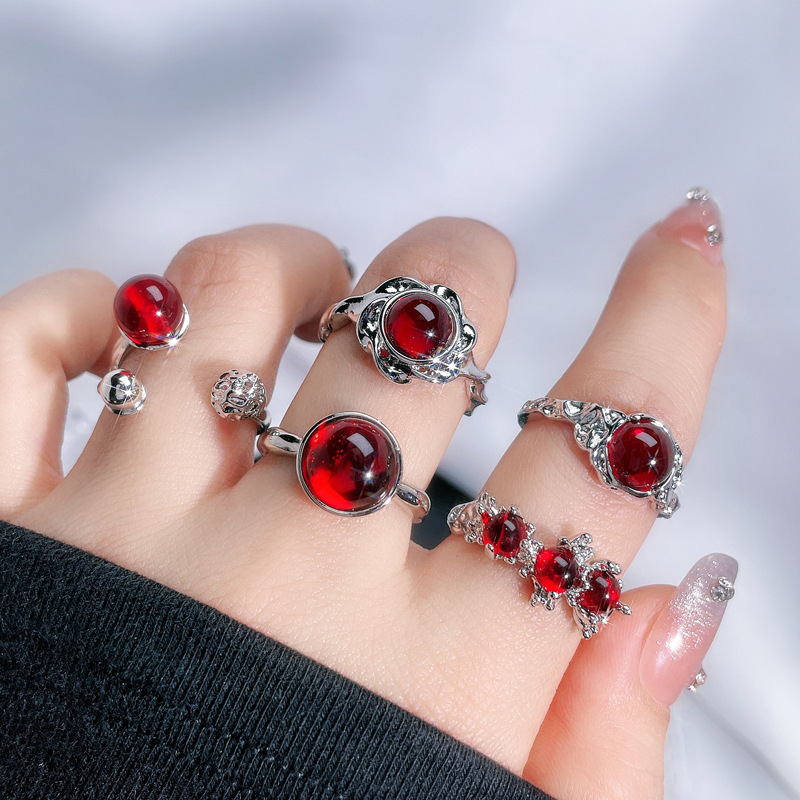 New irregularity texture open ring for women, red stone, sweet and cool personality, versatile index finger ring, cold style ring details Picture