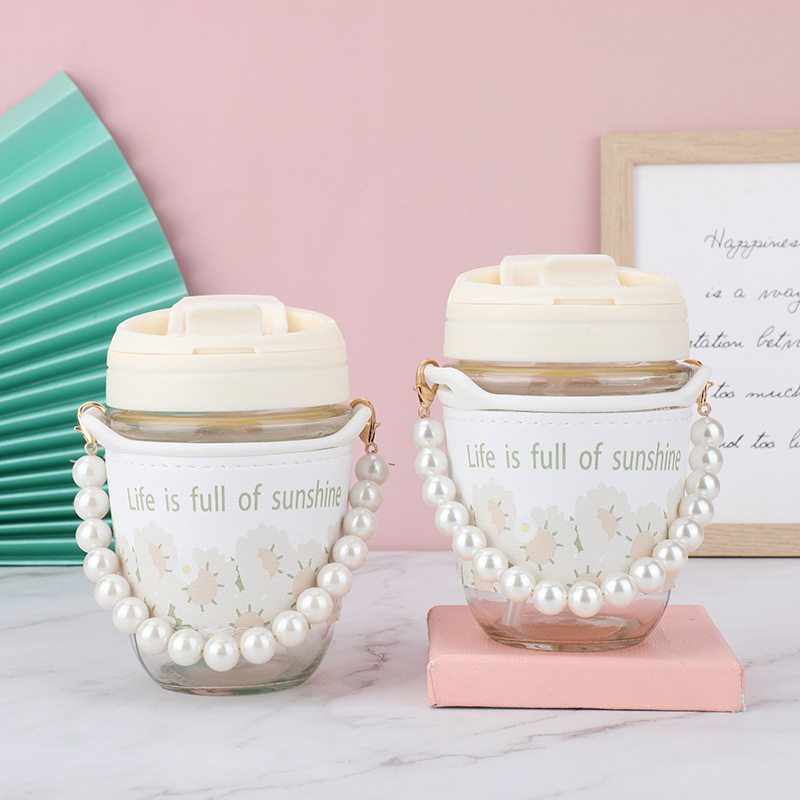 High appearance level ins pearl coffee cup, glass cup with straw, office drinking cup, hand-held creative double-drinking cup Specification drawing