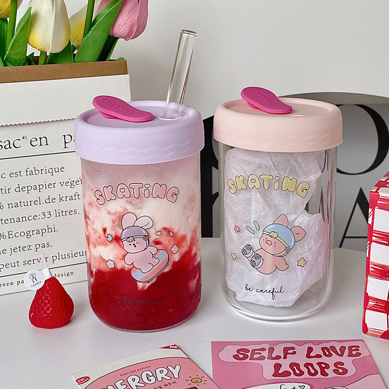 Korean-style tulip rabbit glass straw cup, girl's heart water cup, student drinking cup, glass cup wholesale Specification drawing