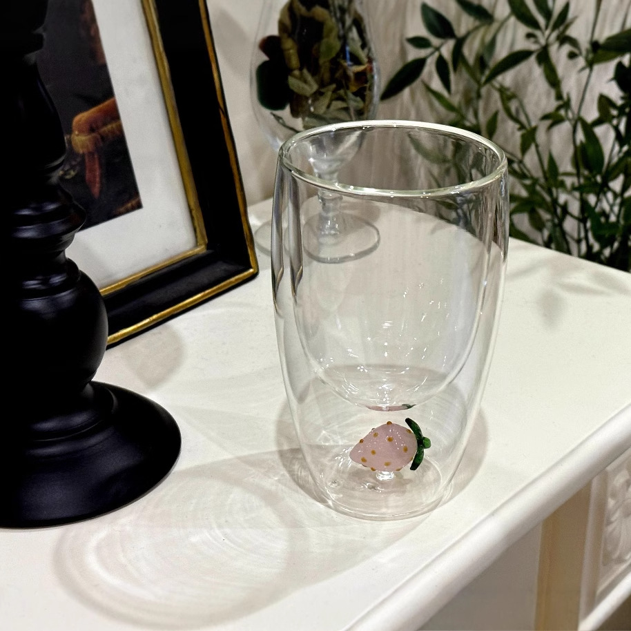 Cute fruit-shaped creative double-layer glass sandwich water cup, InS-style coffee cup, juice cup, milk cup full figure