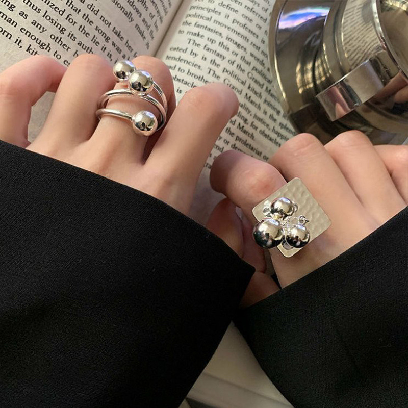Korean-style simple line round ball ring for women, retro, individual and fashionable square brand cross opening ring hip-hop index finger ring full figure