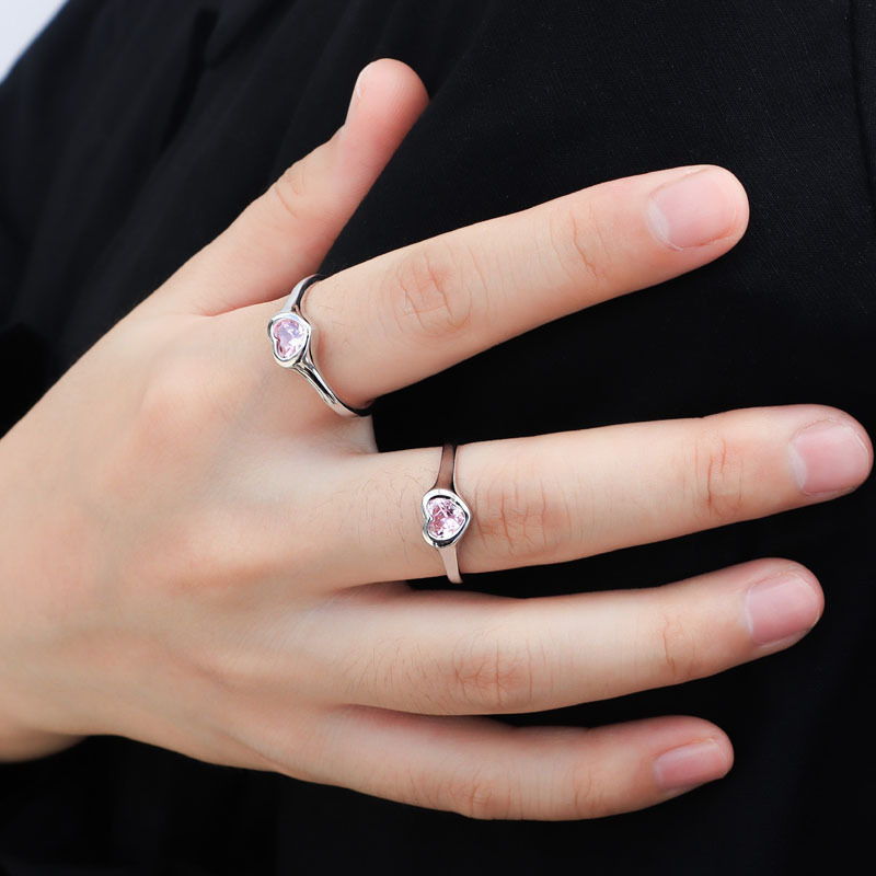 Cold and sweet style, pink diamond heart set open ring, simple and versatile, niche design, trendy and light luxury ring for women full figure