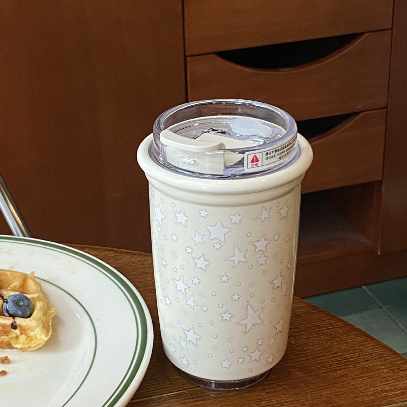 Cute starry sky coffee cup, simple large-capacity 316 stainless steel insulated cup, travel cup with dual drinking spouts full figure