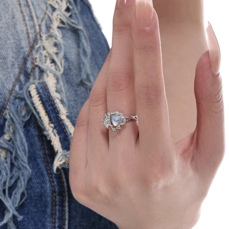 Fashionable and individual liquid texture moonstone open ring with heart shape, simple and niche design sense for women Application Scenario